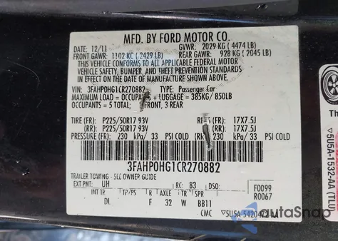 2012 Ford Fusion Se from USA, damaged, VIN 3FAHP0HG1CR270882
